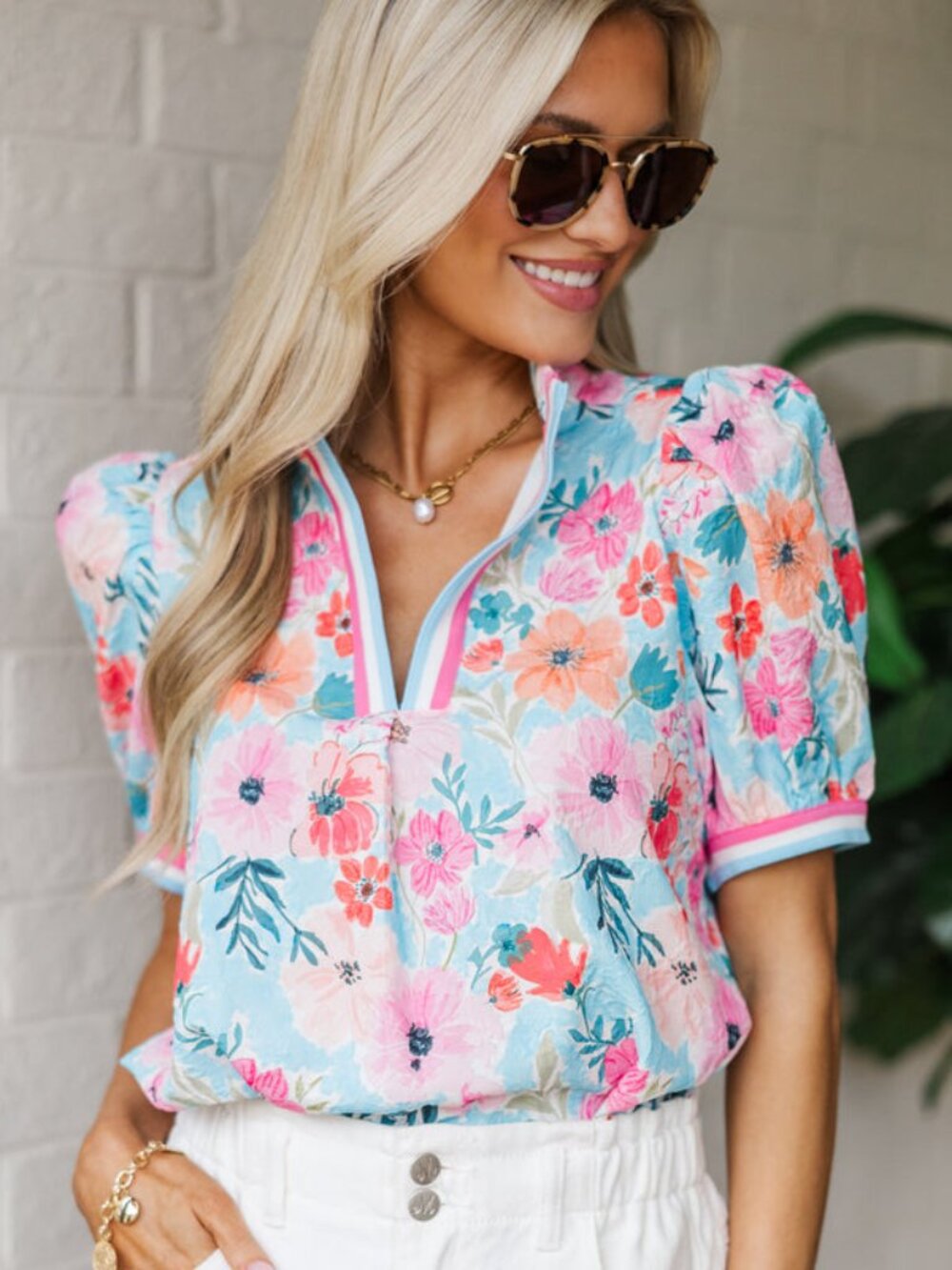 Umgee Blue Floral Short Sleeve Popover Top with Pink & Coral Flowers